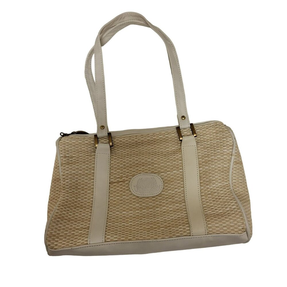 Stone Mountain Basketweave Shoulderbag Purse White Leather Brass Tan Khaki Straw